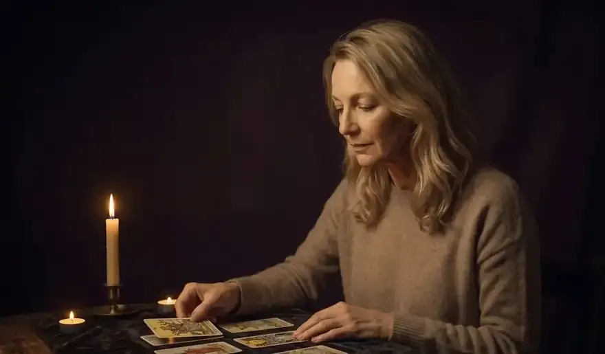 Vesper laying out a tarot spread by candlelight